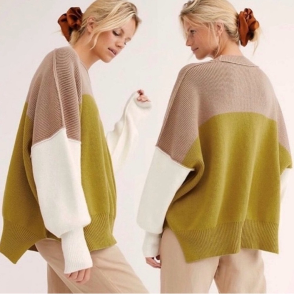 Free People Sweater oversized Colorblock Green, Tan size small